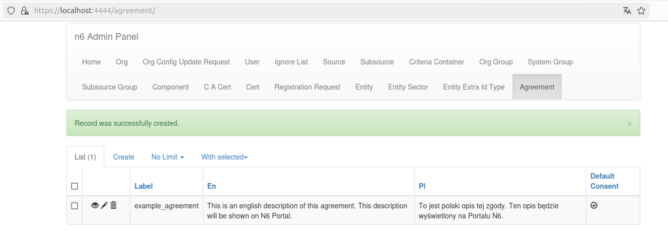 Agreement tab with single record